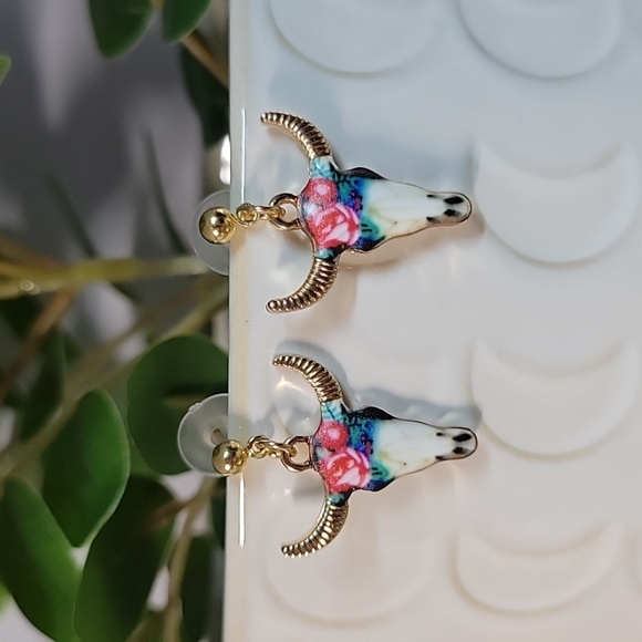 Floral Longhorn Drop Earrings - Picture 2 of 6